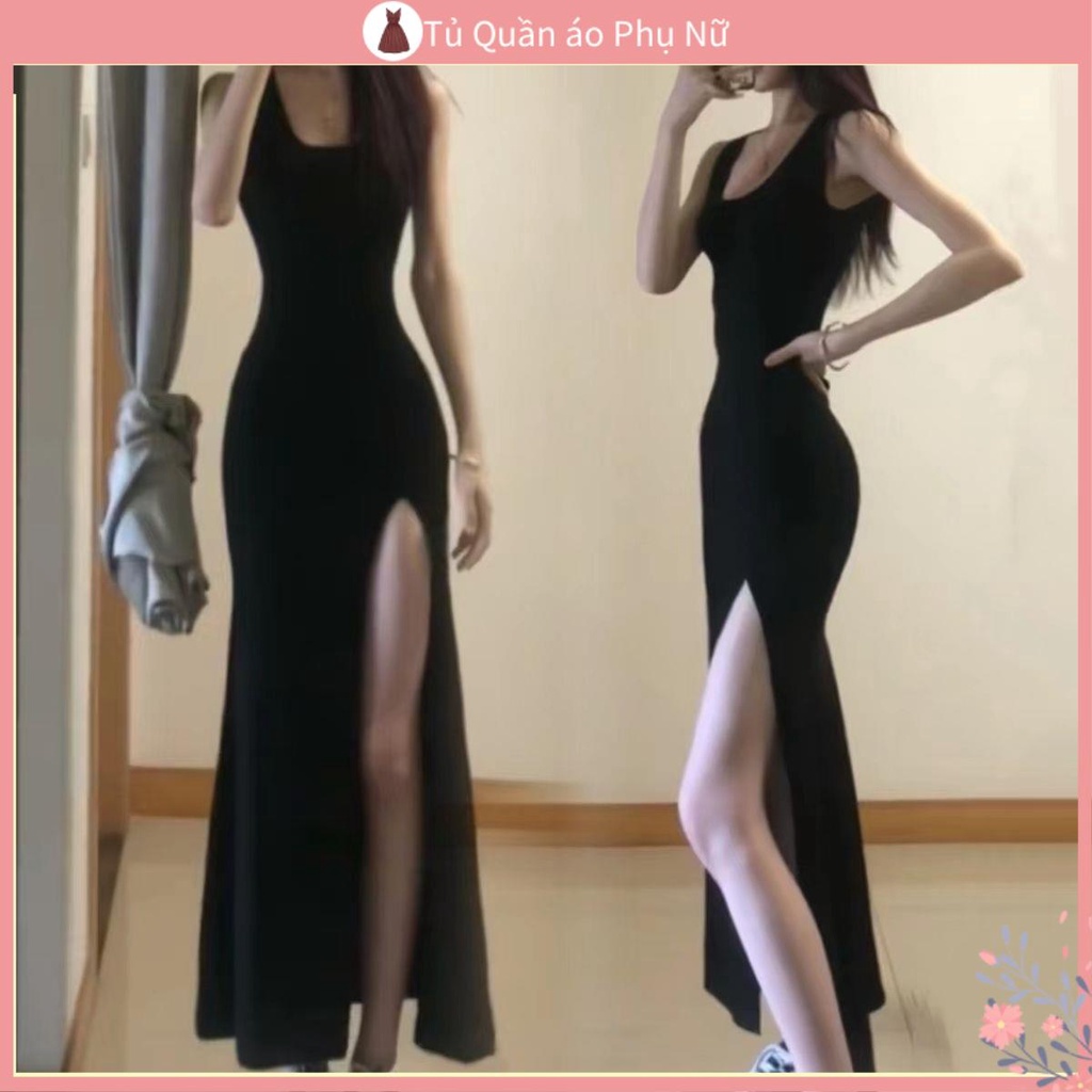 M nu Đầm Thun Dài Qua Gối Ôm Eo Không Tay Xẻ Tà Cao Vừa Vặn Mùa Thu Cho Nữ