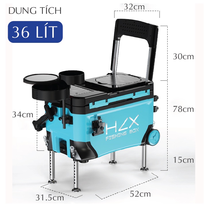 Thùng câu cá HZX - Thùng câu đài đa năng dung tích 36L có bánh xe và tựa lưng