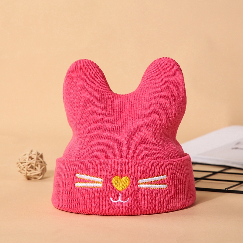 Trẻ em bé mèo con đan len mũ len đỏ hồng / Children baby kitten knitted hat woolen hat rose red