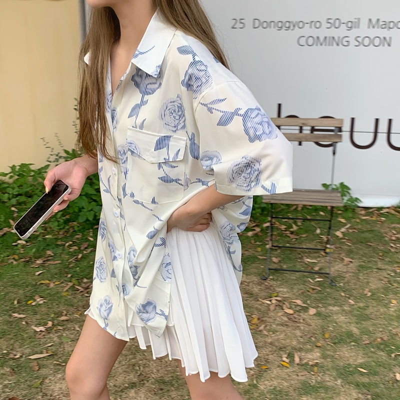 SUXI Áo sơ mi tay ngắn dáng rộng in hoa kiểu retro Hàn Quốc thời trang mùa hè cho nữ