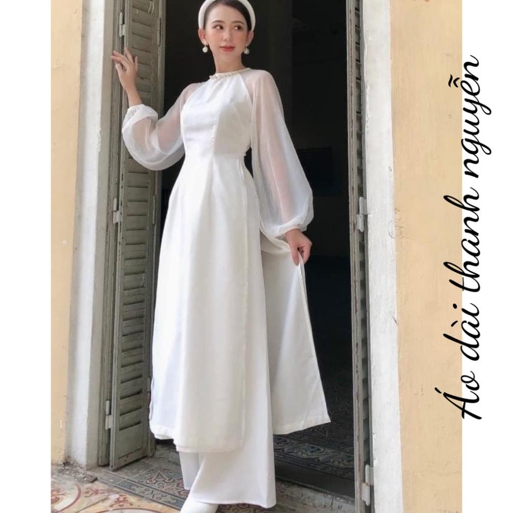 Áo dài may sẵn voon tơ trắng 4 tà thời trang