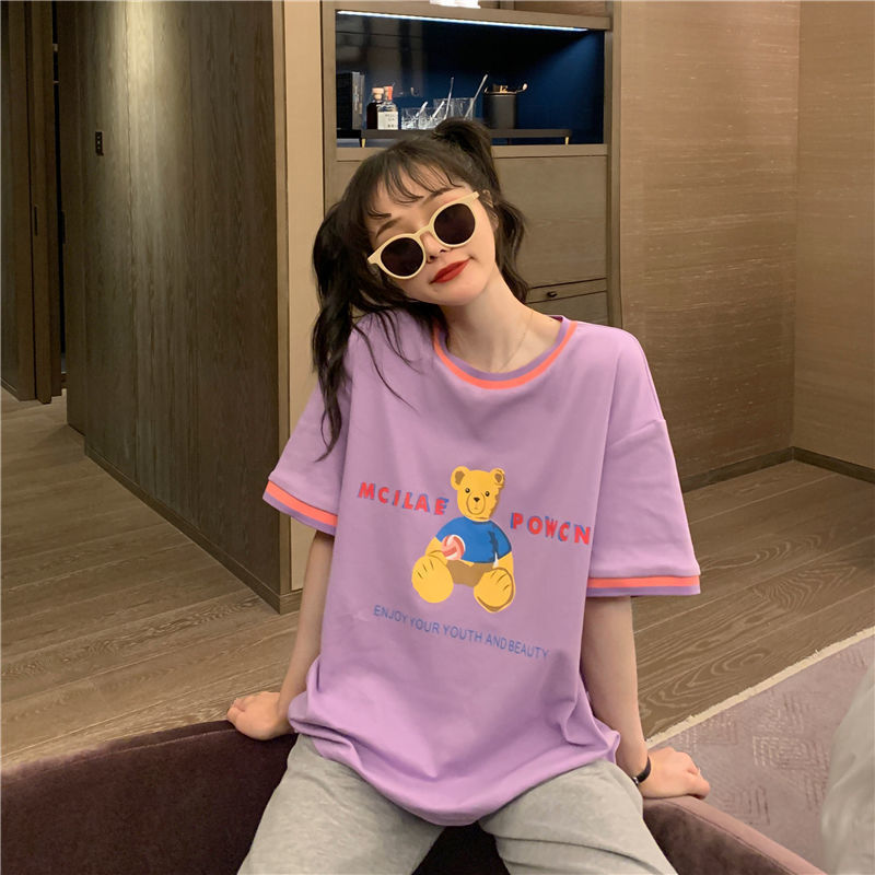 Áo thun ngắn tay dáng rộng in hình gấu kiểu Hồng Kông cá tính cho nữ