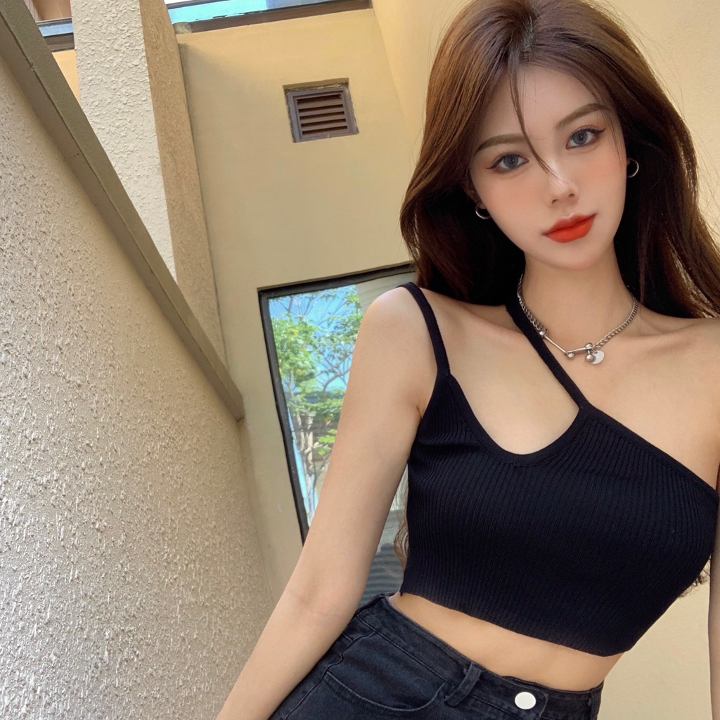 Áo Hai Dây Dệt Kim Dáng Ngắn Màu Xanh Lá Thời Trang Mùa Hè Cho Nữ