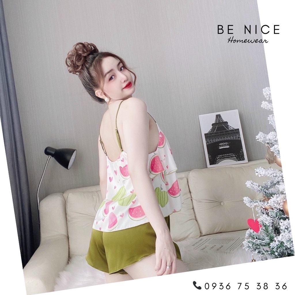 Bộ lụa dây ngắn phối màu và họa tiết xinh xắn cho nàng nhà Be Nice Homewear | BigBuy360 - bigbuy360.vn