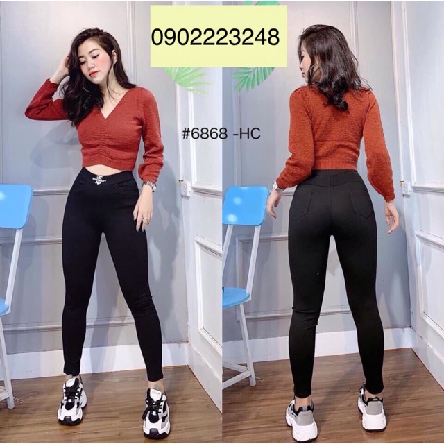 Quần legging nữ cạp cao dáng dài ôm chân có túi nâng mông gen bụng màu đen - Quần thun nữ bó ống chân mặc ấm đi học làm