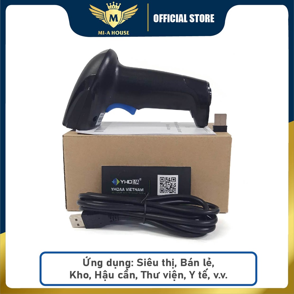 Máy quét mã vạch không dây di động YHD 1100CW dành cho siêu thị, shop bán lẻ, đọc mã vạch 1D không cần cài đặt,