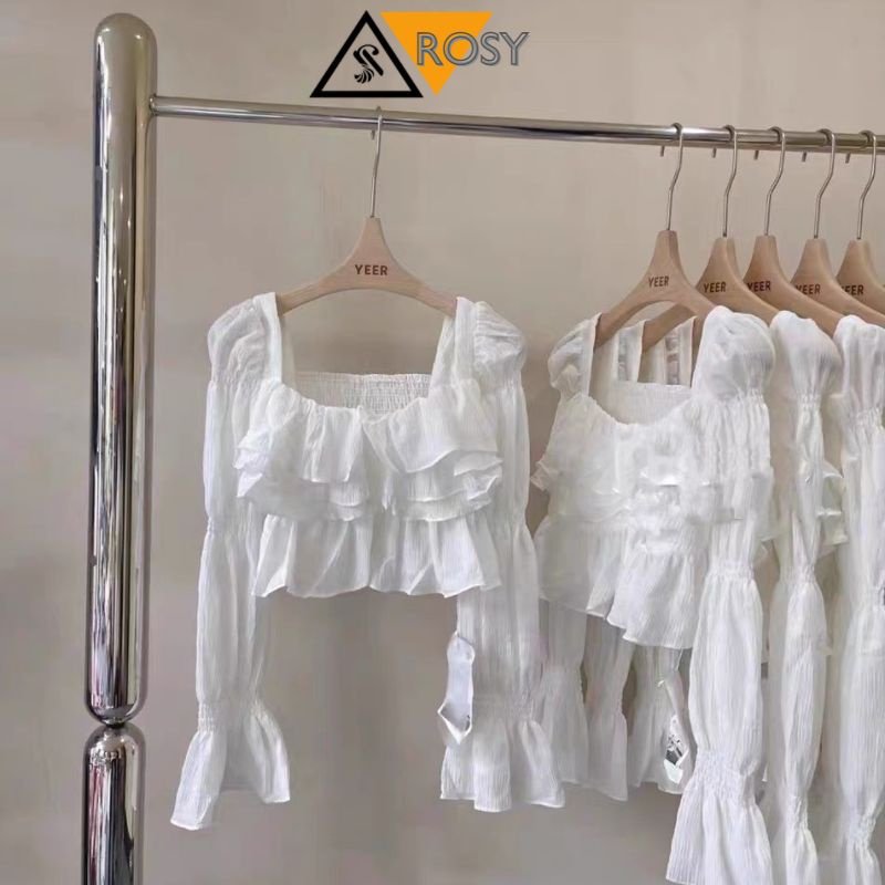 Áo kiểu croptop tay dài xòe cổ tay chất voan dày dặn siêu cute cho nàng bánh bèo