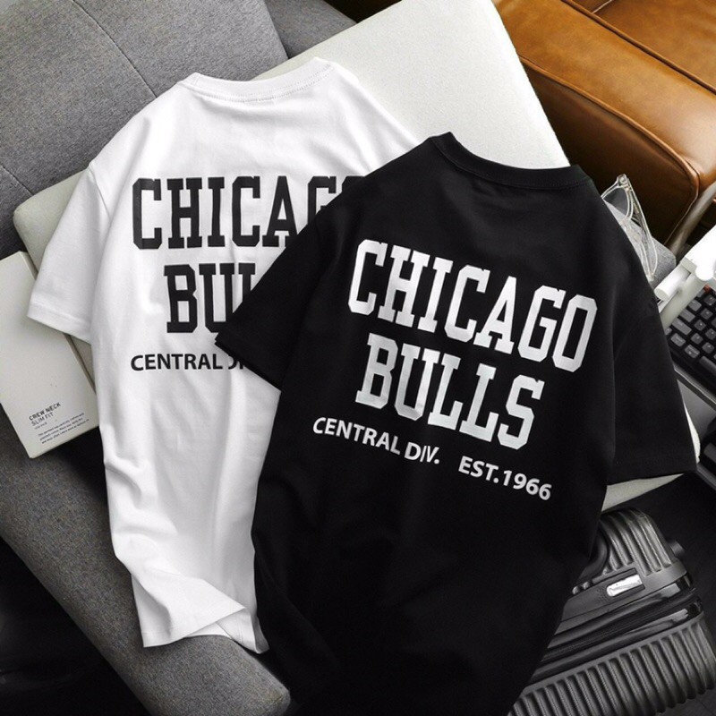 (2 màu) Áo thun cotton cao cấp NBA Chicago Bulls thêu logo