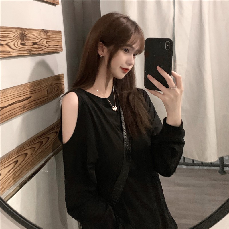 LEEVA - Áo thun trơn xẻ vai dáng dài ulzzang girl A050