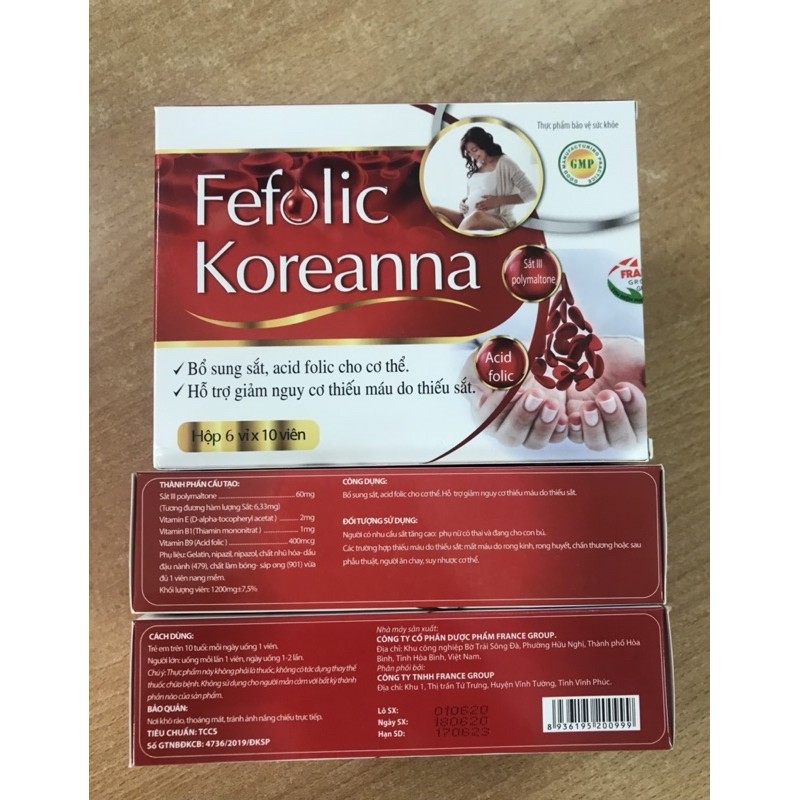 Viên Bổ Máu FEFOLIC  KOREANNA - Hộp 60 Viên - Bổ Sung Fe, Acid Folic Cho Cơ Thể, Giảm Nguy Cơ Thiếu Máu Do Thiếu Sắt