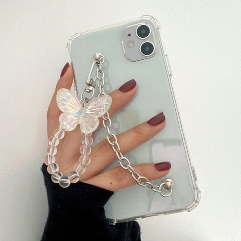 Ốp điện thoại trong suốt có sợi xích+dây đeo mặt bướm cho for iPhone 14 13 Pro Max 12 mini 7 8 Plus X XS Max XR 11 Pro Max