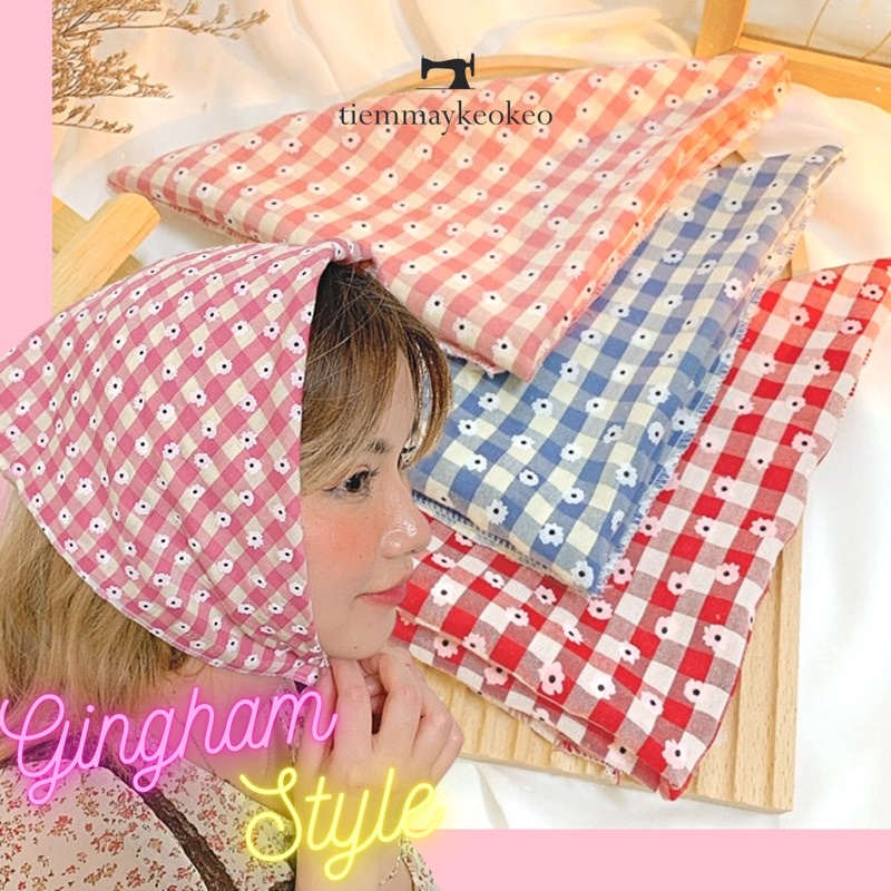 🌷 KHĂN VẢI BANDANA CARO DAISY 🌼 CHO NỮ TIEMMAYKEOKEO, CHẤT LIỆU COTTON MỀM MẠI HOẠ TIẾT SIÊU XINH kt 50X50CM 🌷