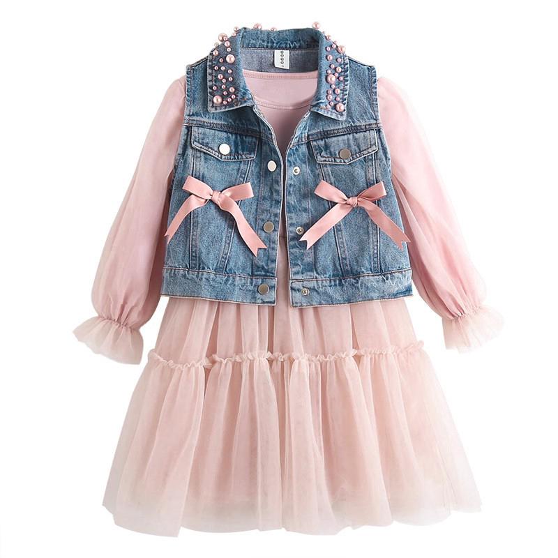Set áo sát nách + đầm denim cho bé gái