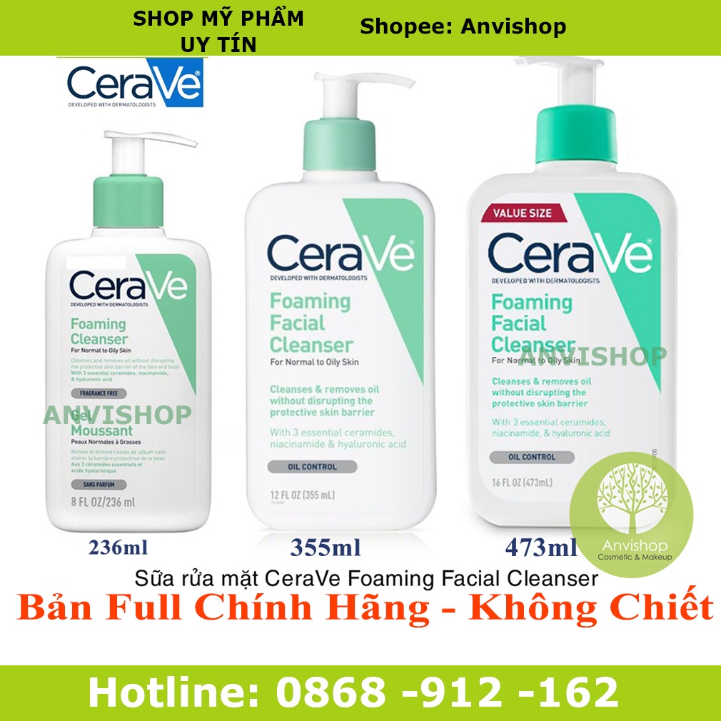 Sữa rửa mặt Cerave Foaming Facial Cleanser bản Mỹ (Pháp) ANVISHOP Cerave da dầu & Da Khô các size 236ml - 355ml - 473ml