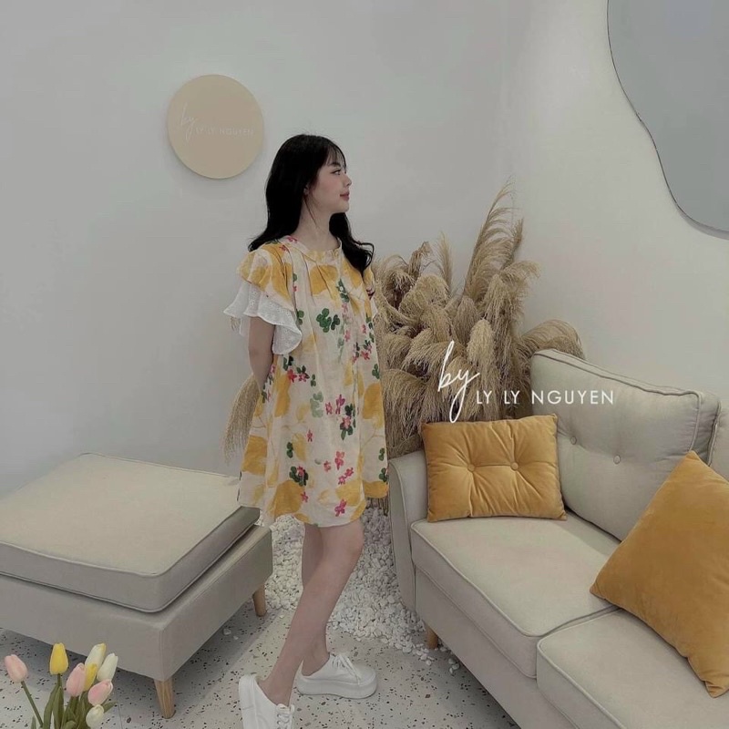Váy hoa babydoll tay phối ren, đầm babydoll hàng thiết kế