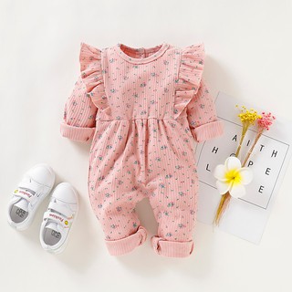 Jumpsuit tay dài phối bèo hoạ tiết hoa cho bé gái