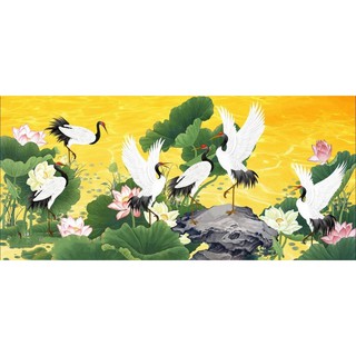 Tranh gắn đá toàn bộ tự làm- Tranh đàn hạc trong đầm sen