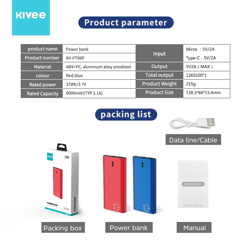 Sạc dự phòng Kivee dung lượng pin 10000mah tích hợp đèn led và màn hình HD kèm cáp sạc