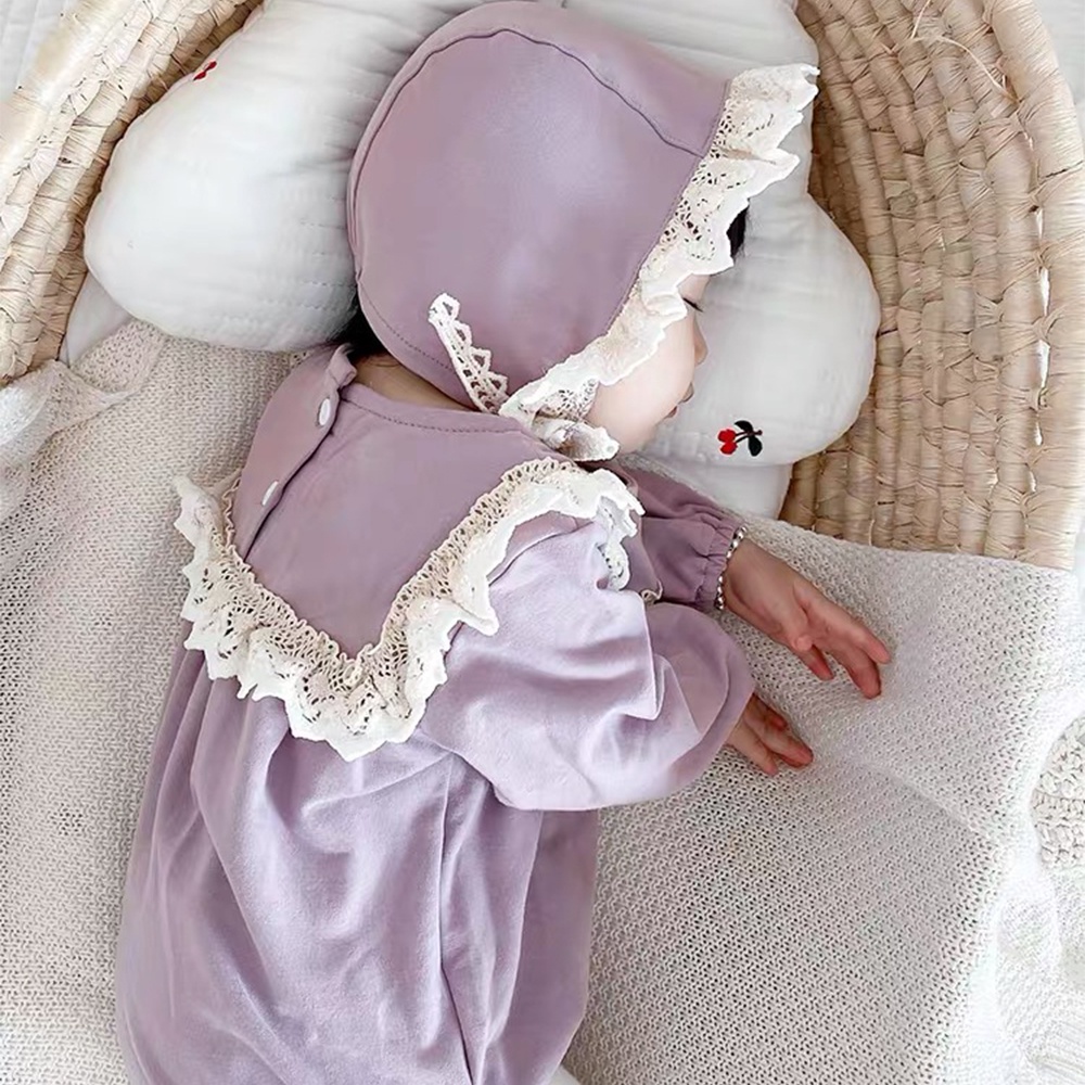 Bộ áo liền quần tay dài chất liệu cotton phối ren kèm mũ dành cho bé gái 0-2 tuổi