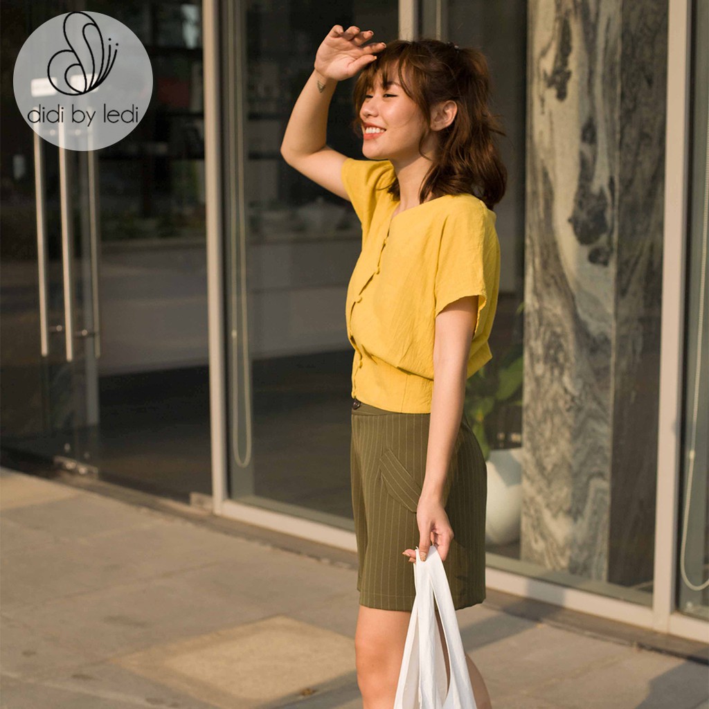 Áo nữ kiểu cổ tim, áo kiểu DIDI BY LEDI tay ngắn croptop, màu vàng mù tạt, vải Cotton S M L XL
