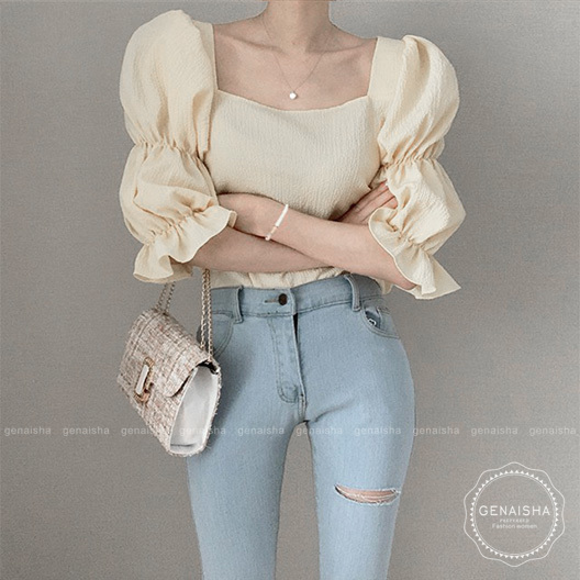 Áo thun tay ngắn cổ vuông màu trơn thiết kế đơn giản200914 | BigBuy360 - bigbuy360.vn