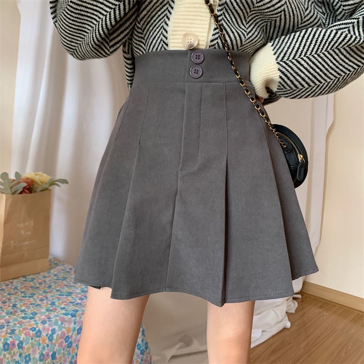 Chân váy xếp ly lưng cao dáng chữ A màu sắc retro thời trang thu đông cho nữ