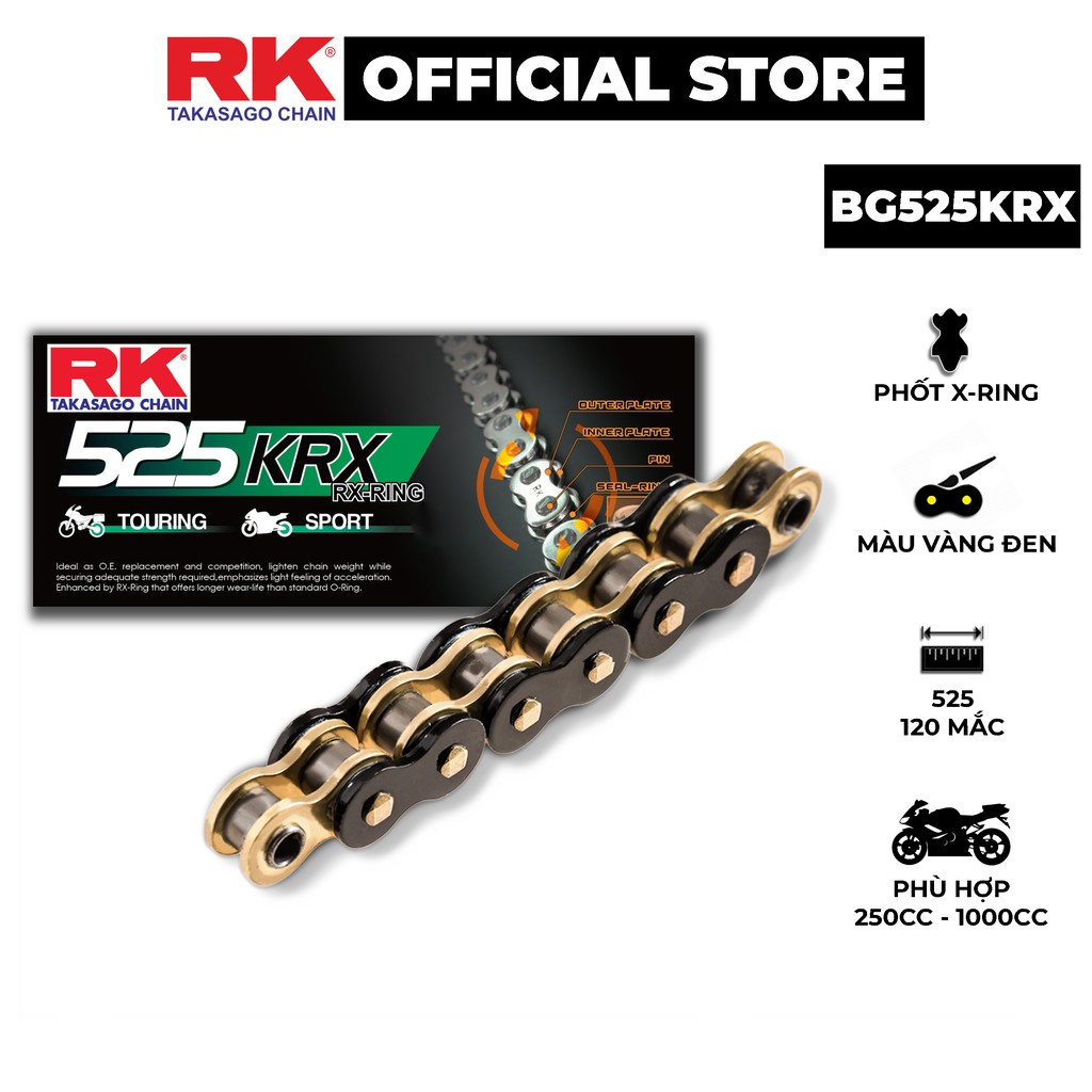 Sên xe phân khối lớn RK Takasago chain mã BG-525-KRX, màu vàng đen, phốt cao su X-ring, kích thước 525, 120 mắc sên