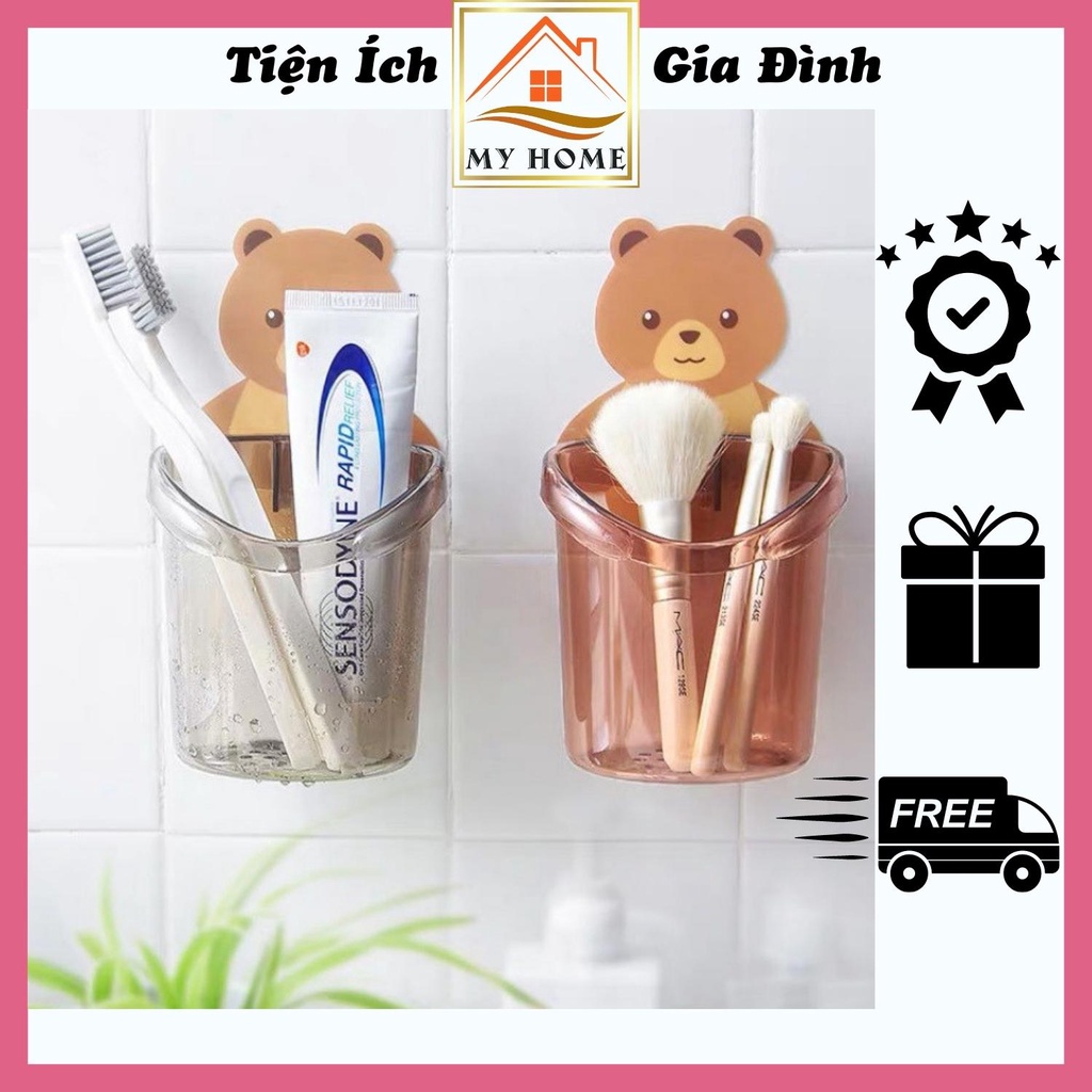 Cốc gấu dán tường cute, khay gấu dán tường đựng bàn chải đánh răng