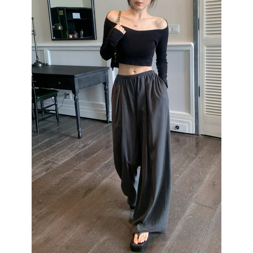 Áo Thun Tay Dài Lệch Vai Dáng Ôm / Eo Thun Vải Lanh Ống Rộng Thời Trang 54065