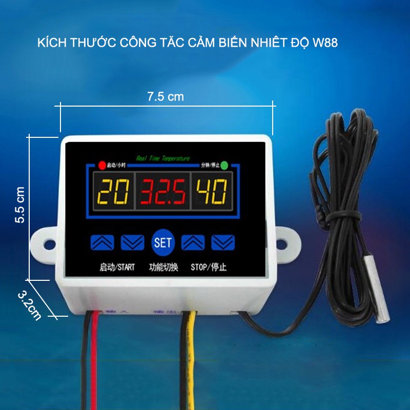 Công tắc cảm biến nhiệt độ W88-220V gắn nổi với 3 màn hình hiển thị nhiệt độ, đầu cảm biến rời chống nước