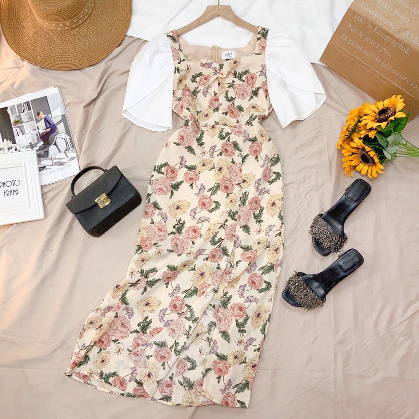 Đầm hoa hồng vintage MIMIX váy cổ u xẻ chân phối tay trắng đắp chéo dịu dàng AO3185 | BigBuy360 - bigbuy360.vn