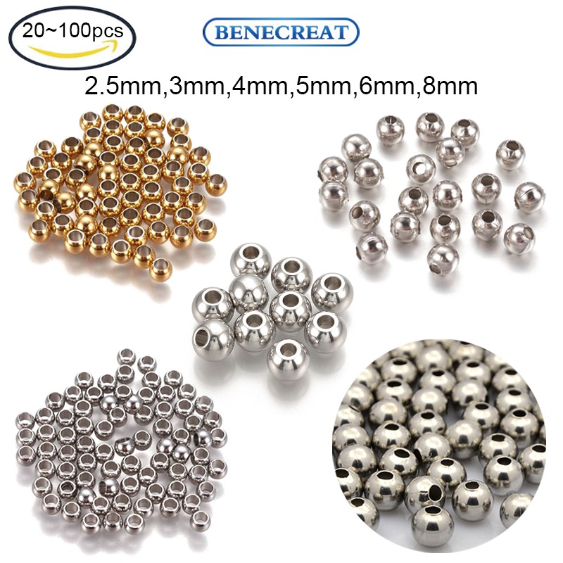 Bộ 20-100 hạt tròn BENECREAT bằng thép không gỉ 304 mạ vàng
