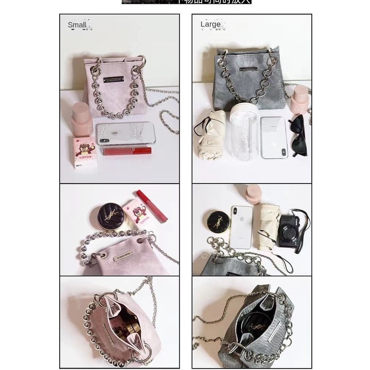 Túi Đeo Chéo Mini Tạo Hình Vuông Bằng Vải Denim Cao Cấp Phối Dây Đeo Sợi Xích Màu Hồng Xám Thời Trang Cho Nữ