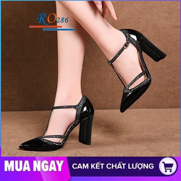 Giày cao gót nữ đẹp đế vuông 7cm hàng hiệu rosata hai màu đen trắng ro286