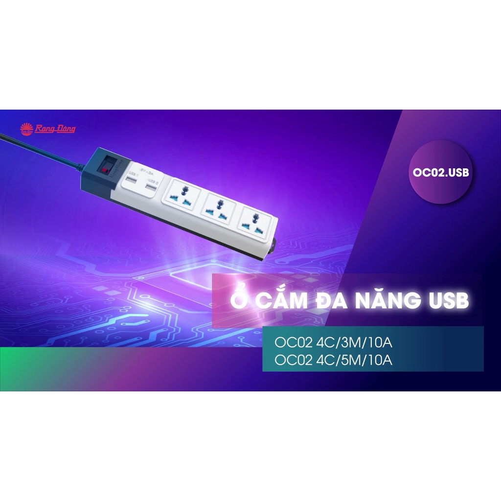 Ổ cắm điện Rạng Đông 2 ổ USB 3 Ổ đa năng dây dài 3m / 5m Công suất 2500W Model OC02.USB 3C