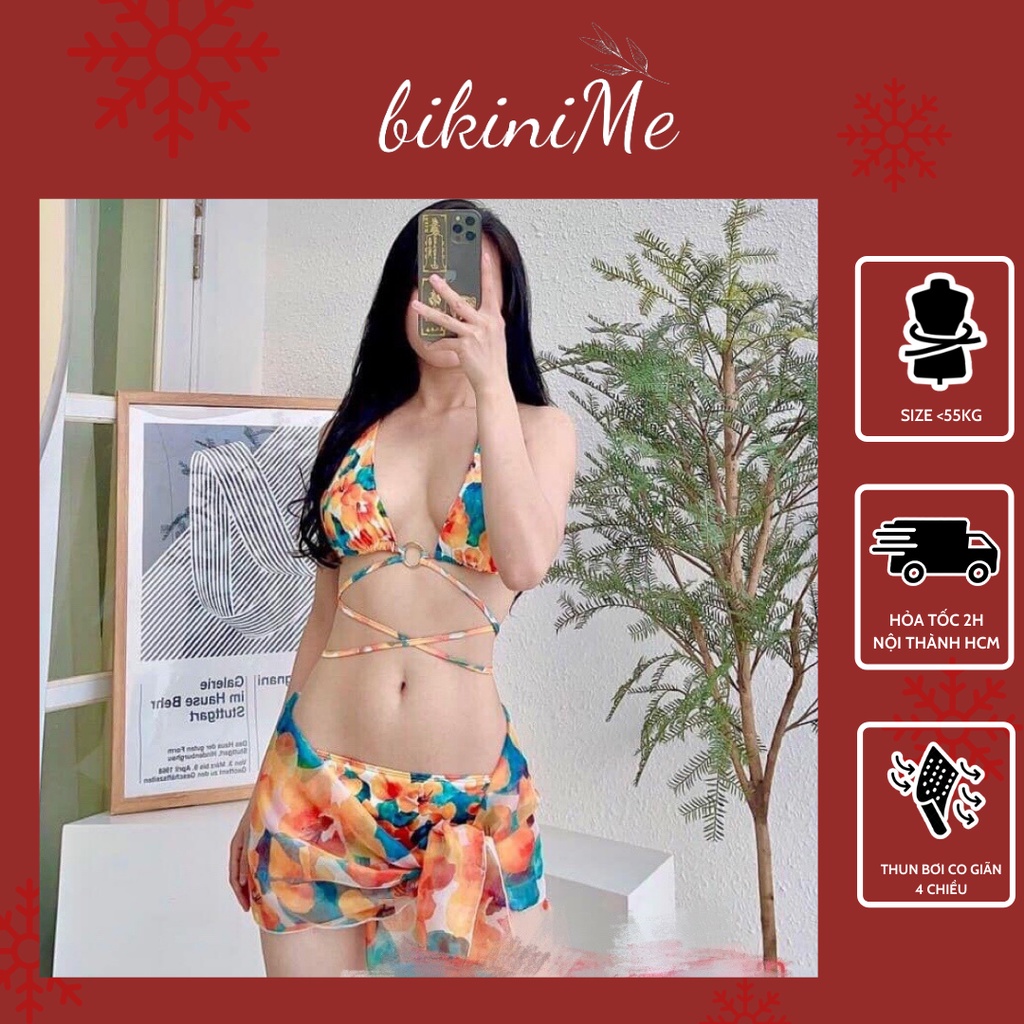 Bikini Đồ Bơi Hai Mảnh 3 Chi Tiết Họa Tiết Hoa Cam Độc Lạ HOT SUMMER 2022 R72