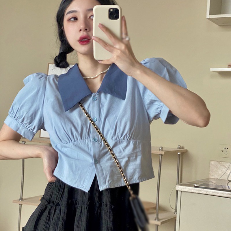 Áo Thun Crop Top Tay Ngắn Phồng Một Hàng Nút Cổ Bẻ Màu Sắc Ngọt Ngào Phong Cách Hàn Quốc Cho Nữ