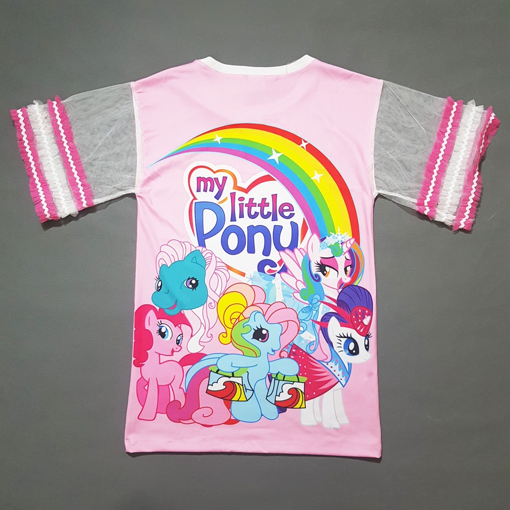 Đầm thun suông form rộng giấu quần họa tiết pony tay ren bé gái 25-55kg