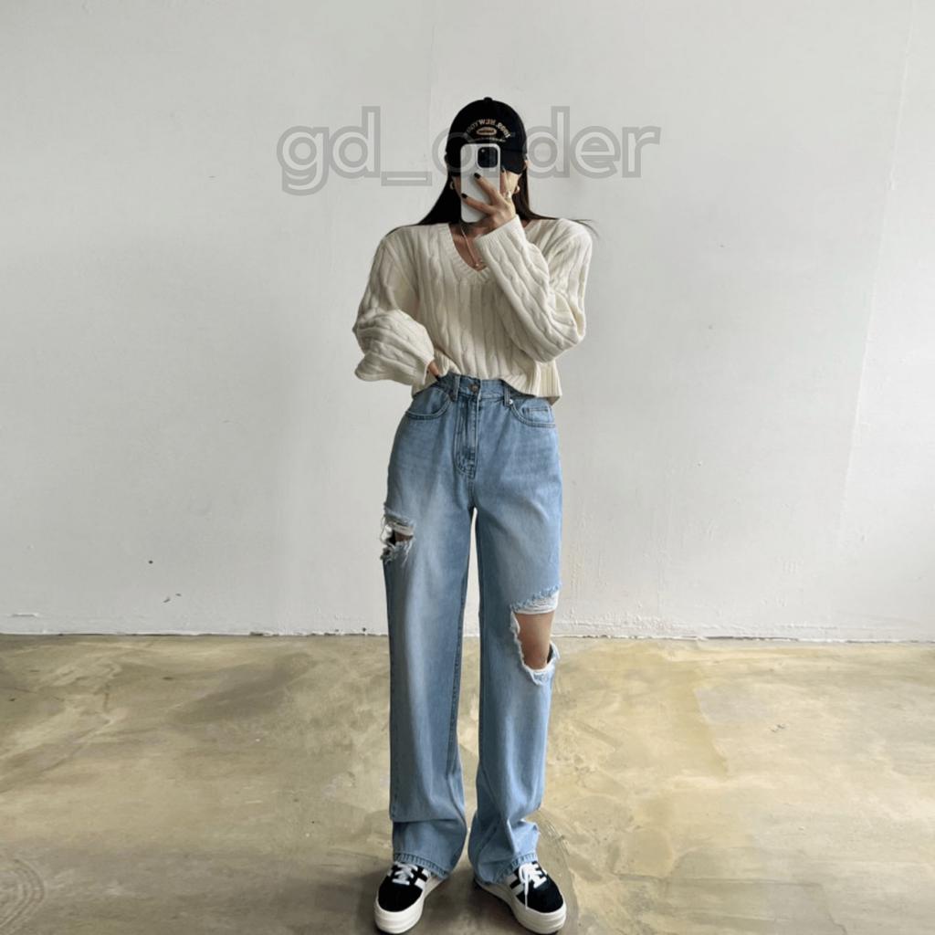 Q6|Quần jeans bò nữ ống rộng lưng cao rách gối hàn quốc basic dễ mặc đi học, đi chơi gd_order