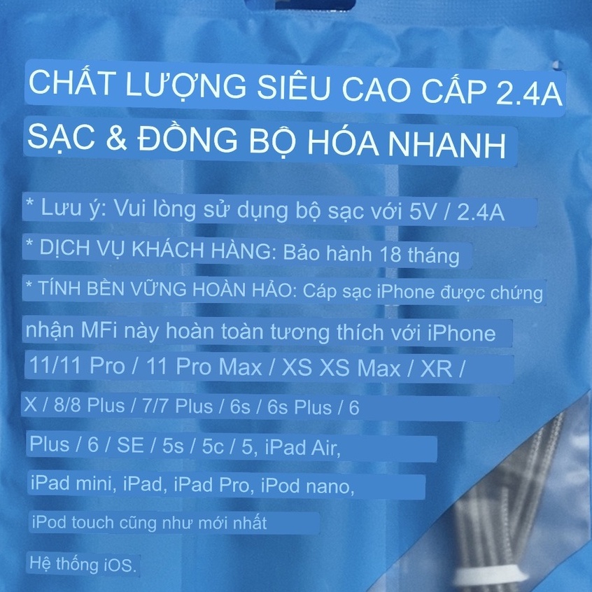 Cáp sạc nhanh,cáp sạc IP2,4a dây dù 1,8m usb to chống gãy cho ip-tablet chất lượng cao