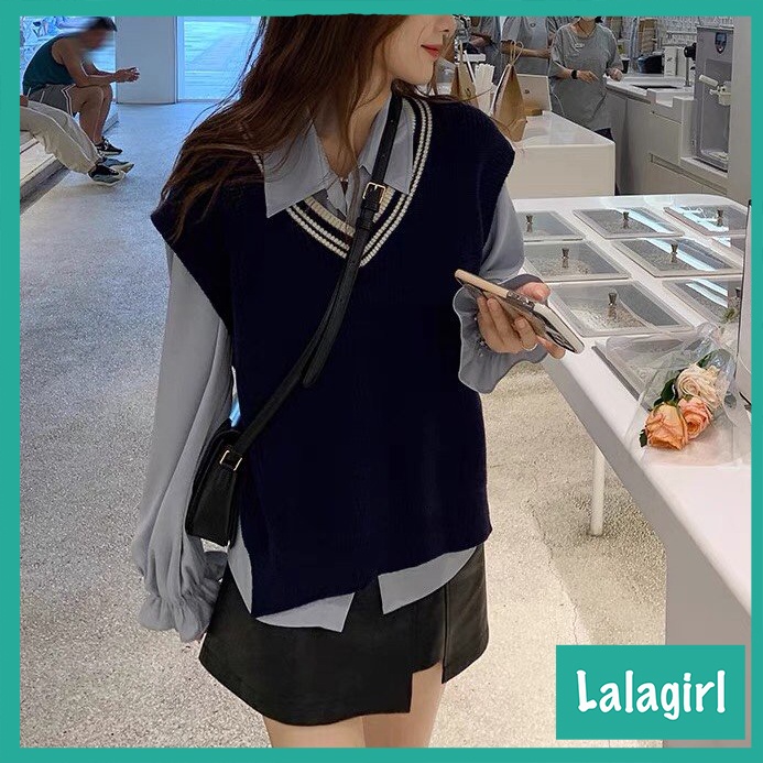 Áo Gile Len Nữ Thun Gân Cổ V Phối Viền, Gile Trơn Dáng Suông