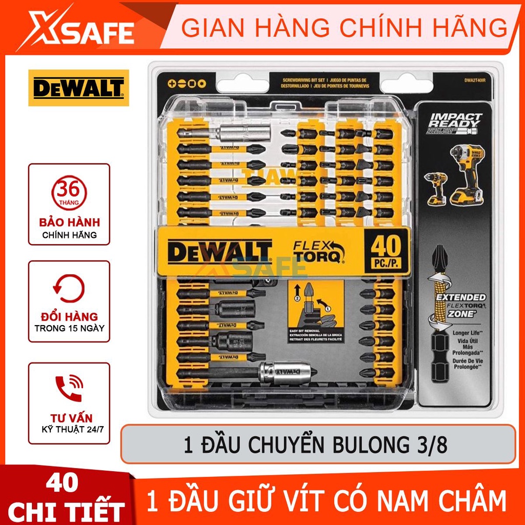 Bộ mũi vít 40 chi tiết Dewalt DWA2T40IR gồm 40 mũi vít hỗ trợ bắt nối vít có từ, chất liệu thép Cr-mo cứng rắn