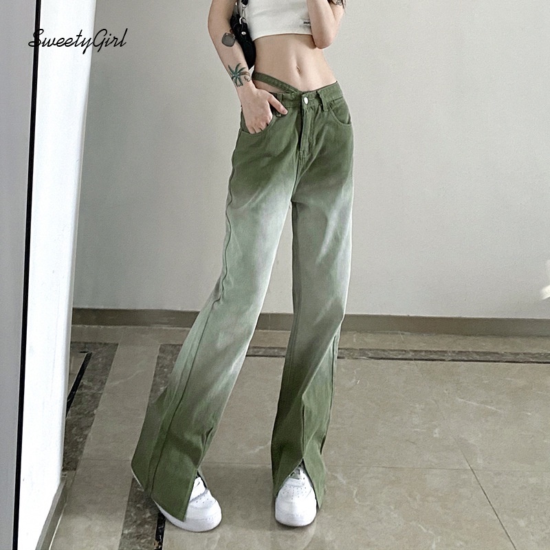 Quần jeans dài lưng cao ống đứng màu nhuộm thời trang cho nữ