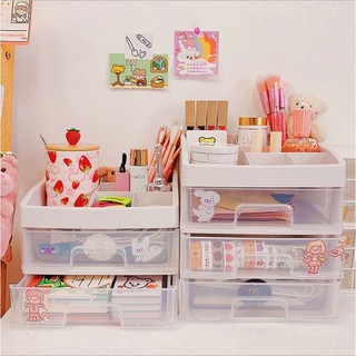 Tủ Nhựa Mini 2 Tầng Để Bàn Đựng Mỹ Phẩm, Đồ Trang Sức, Đồ Dùng Học Tập, Có Ngăn Kéo, Kèm Sticker