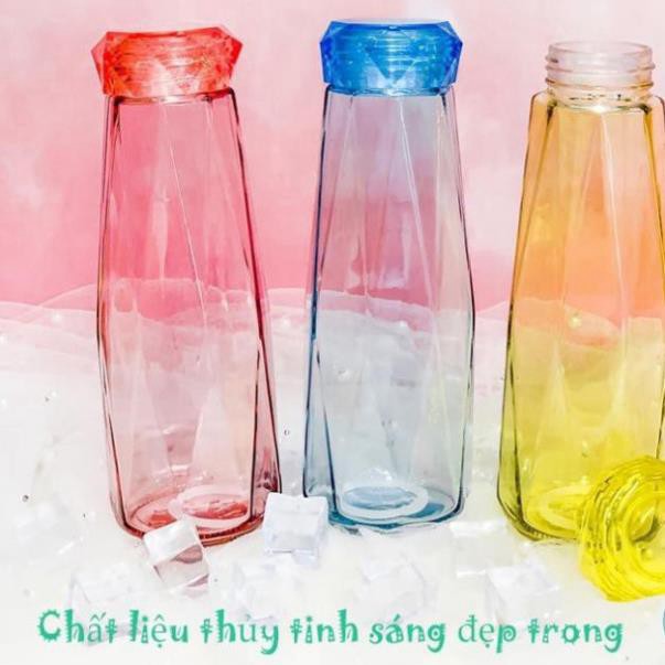 [Hàng Chính Hãng] Bình thủy tinh đựng nước nóng lạnh chai 500ml nắp nhựa dáng kim cương thể thao du lịch cao cấp