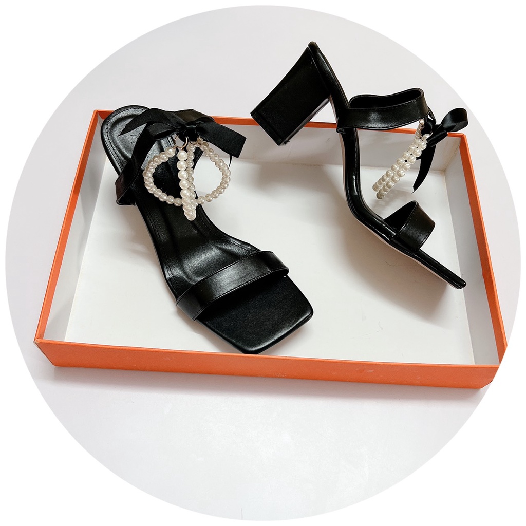 [BÁN GIÁ TÔT] GIÀY SANDAL CÔNG SỞ QUAI NGANG 2 VÒNG NGỌC CỔ CHÂN GÓT VUÔNG 7P ĐẸP