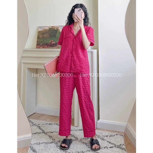 Bộ Pijama Hoạ Tiết Kẻ Ô Chất Đũi Mềm Siêu Thích Hàng Thiết Kế Cao Cấp Đồ Ngủ Nữ Mặc Nhà