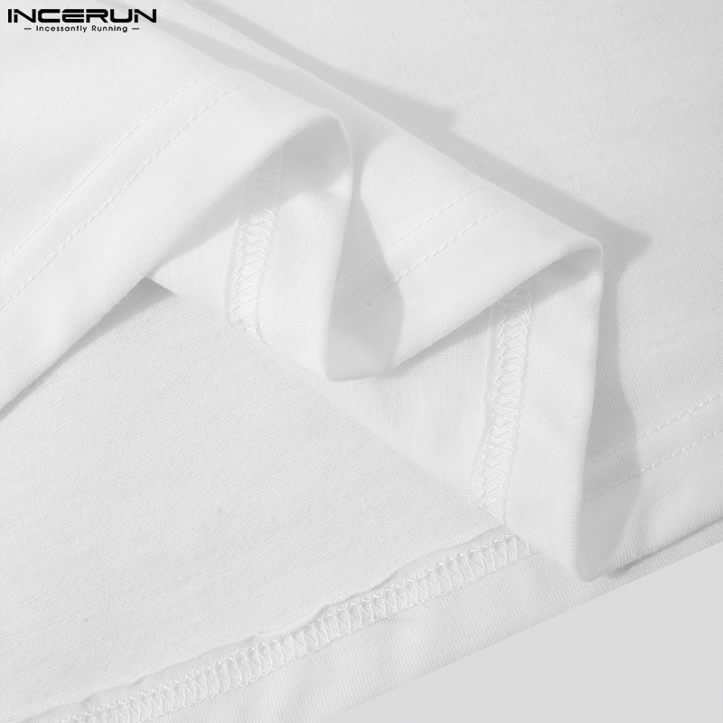 INCERUN Áo nam Ngắn Tay Cổ Tròn Cột Dây Màu Trắng