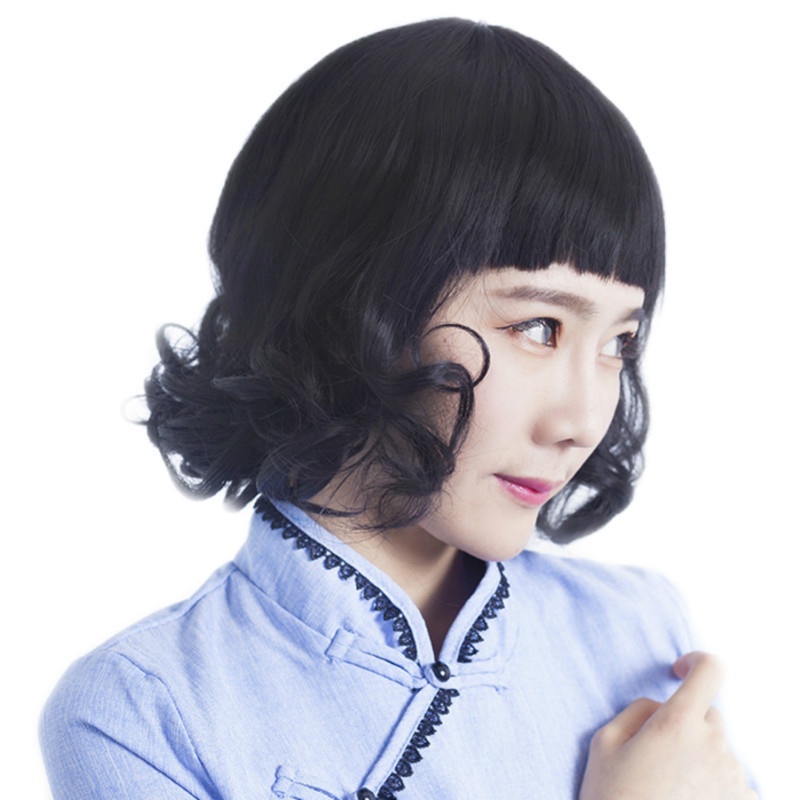 Japanese and Korean wig women's short hair chemical fiber headgear short curly hair fluffy face repair long curly hair
