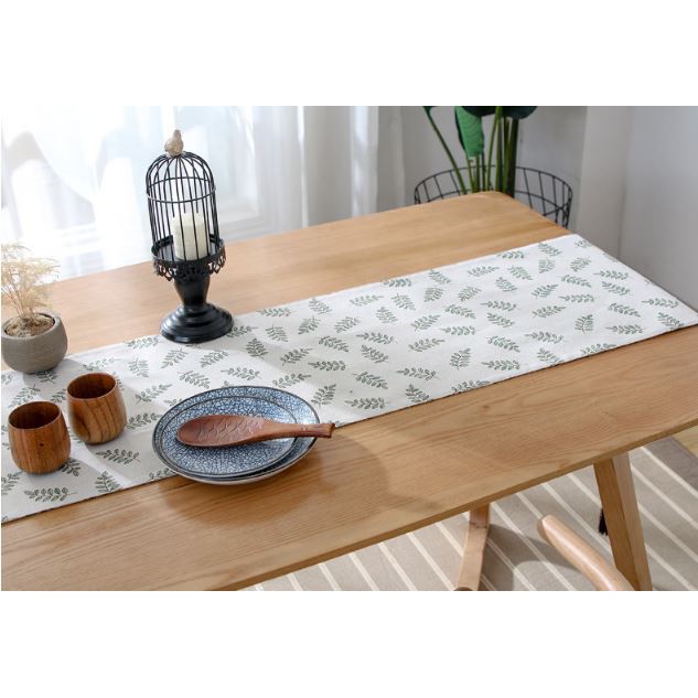KHĂN TRẢI BÀN RUNNER LAN DECOR TBR202 HỌA TIẾT LÁ DƯƠNG SỈ XANH